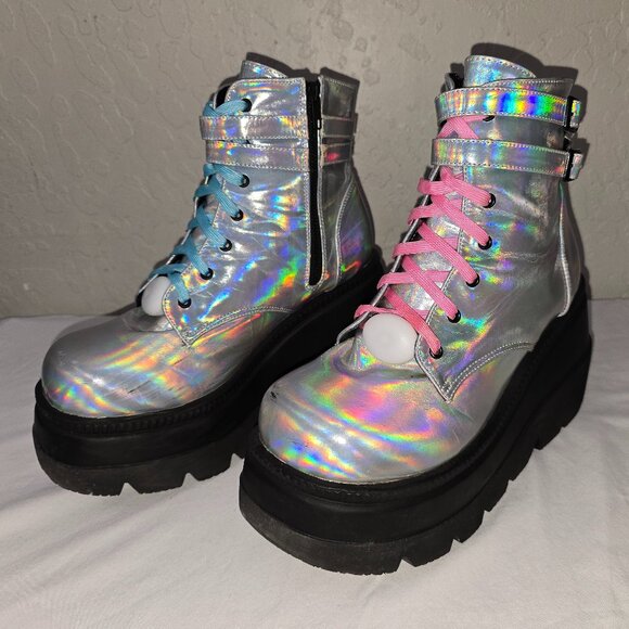 Demonia Shaker 52 Platform Holographic Goth Boots Women's Size 12 - Picture 1 of 11